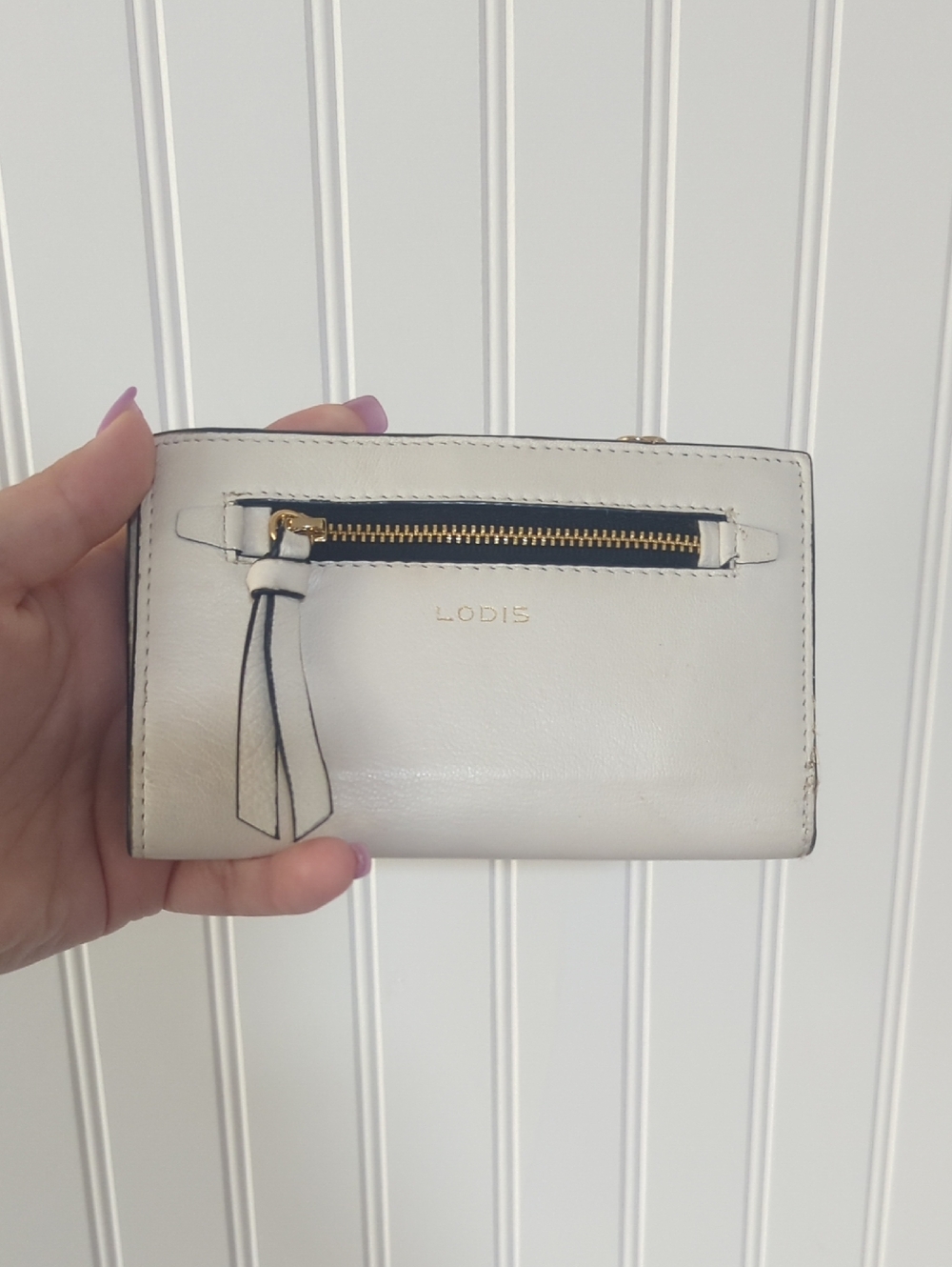 Lodis White Leather Zip Tassel Wallet with Gold Hardware